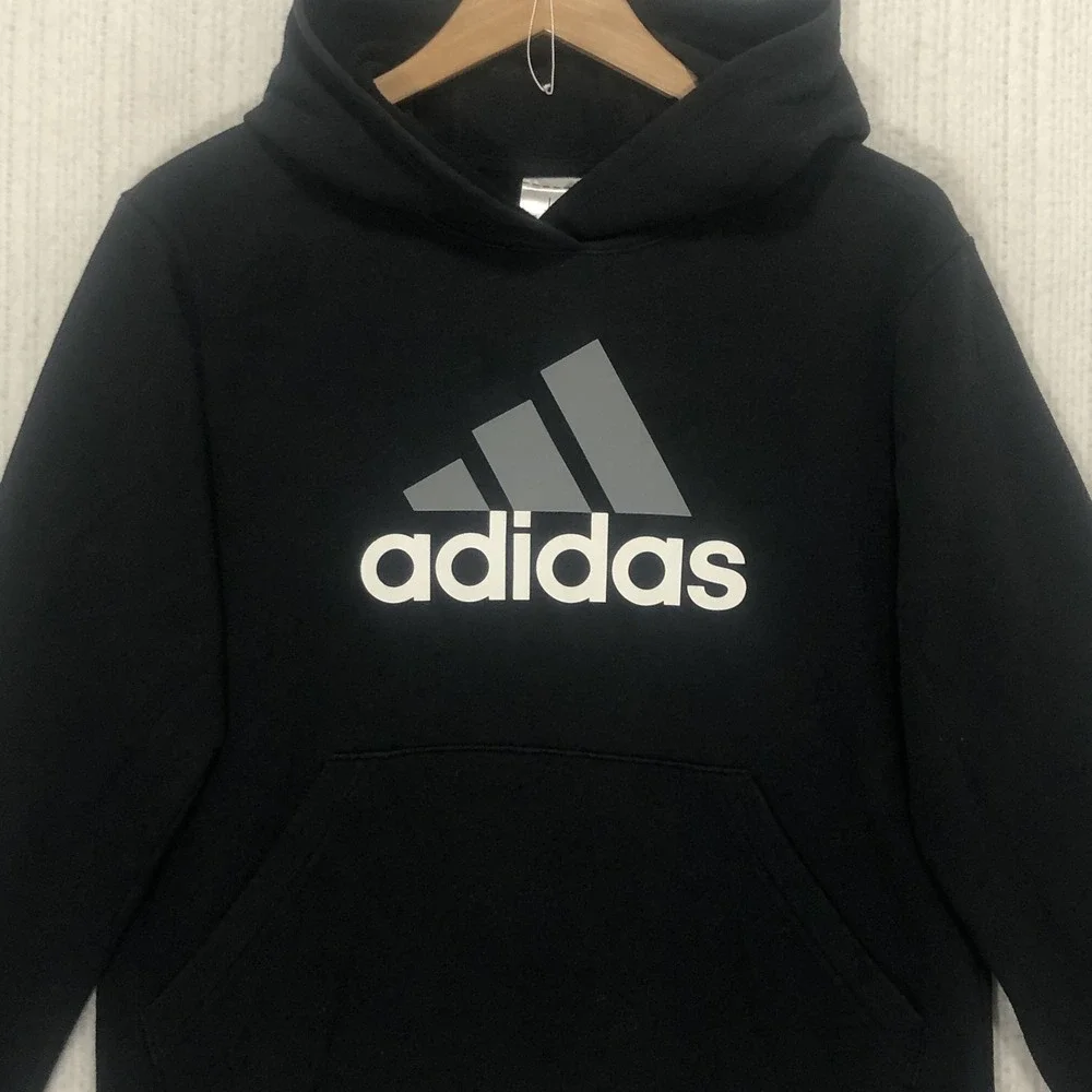 Adidas Boys Black Logo Pullover Hoodie Sweatshirt Regular Fit Size‎ L 14/16